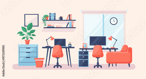 Cozy home office with two workstations and plants