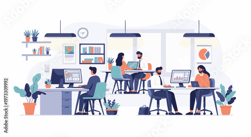 Collaborative office space with people working at desks and computers