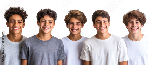 Group of five happy teenage boys wearing white and grey tshirts standing in row looking at camera smiling