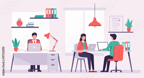 Three colleagues collaborating on laptops at modern office desks with plants and lamps