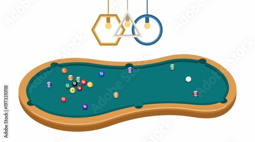 A vibrant pool table filled with assorted colored balls, alongside a lone white cue ball, represents leisure activities and friendly competition among players.