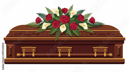 A richly decorated wooden coffin topped with a breathtaking floral arrangement symbolizes the cycle of life, memorialization, and tribute to loved ones, offering comfort.