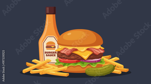 A deliciously presented burger stacked with toppings, accompanied by crispy fries and a bottle of burger sauce, reflects culinary delight and comfort food experience.
