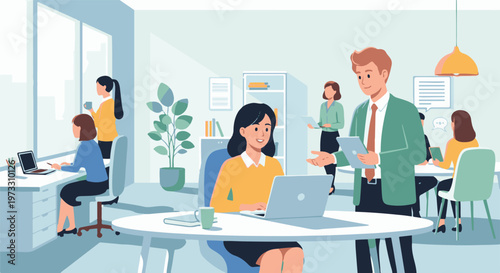 Diverse colleagues collaborate in a bright, modern office, engaged in work and communication