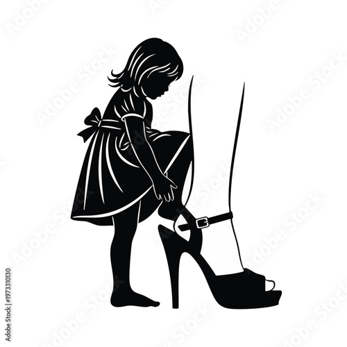 Silhouette of a girl putting on adult high heels. Growing up and dress up play concept. Vector illustration isolated on transparent background