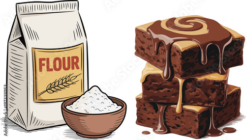 Cute cartoon flour bag bowl of flour and chocolate brownies vector set for baking kitchen and dessert illustrations