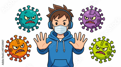 A young boy wearing a mask shows defiance against cartoonish virus characters, symbolizing the fight against infectious diseases and encouraging safety measures.