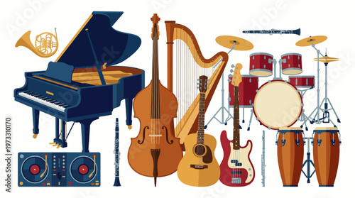 An assortment of various musical instruments displayed together, including strings, percussion, and keys, representing the harmony and joy of music across cultures.
