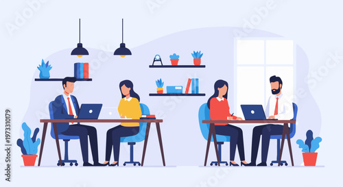 Office scene with four people working at desks, laptops, plants, and bookshelves