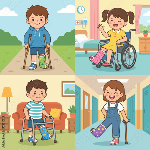 Charming illustrations showing children with various injuries utilizing adaptive devices, conveying resilience, joy, and the spirit of playfulness in their recovery journey.