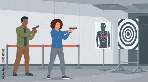 An engaging image depicting two individuals training at a shooting range, highlighting the focus and determination required for firearm practice and safety.
