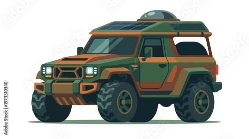 This image features a rugged, all-terrain vehicle equipped with solar panels, perfect for adventure seekers and exploring off-road landscapes in an eco-friendly manner.