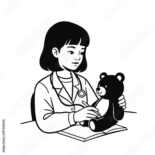 Girl playing doctor with teddy bear illustration. Minimalist line art of child in medical uniform. Pediatric healthcare and childhood imagination concept vector