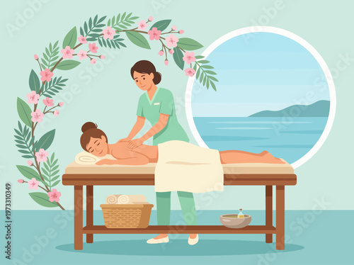 This soothing image illustrates a professional massage therapist providing a relaxing massage, showcasing the calming ambiance of a serene spa environment with nature elements.