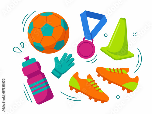 This vibrant illustration presents various sports equipment such as a soccer ball, shoes, and cones, emphasizing the dynamics of athletic play and teamwork in sports.