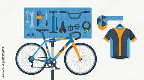This image features a vibrant bicycle repair scene, showcasing essential tools, a bike on a stand, and cycling attire, perfect for cycling enthusiasts or mechanics.
