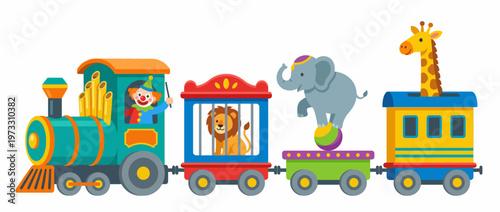 This whimsical image portrays a vibrant train filled with circus animals and a clown, evoking a sense of fun and joy, perfect for children's themes and entertainment.
