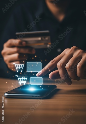 Person using credit card and smartphone for online shopping