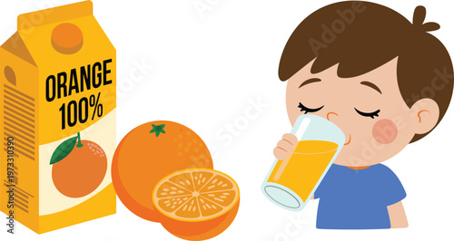 Cartoon Boy Drinking Orange Juice with Carton and Fresh Oranges Vector Illustration for Kids