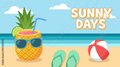 A vibrant and playful beach scene showcasing a pineapple drink, beach ball, and flip-flops under a sunny sky, epitomizing the carefree spirit of summer relaxation.