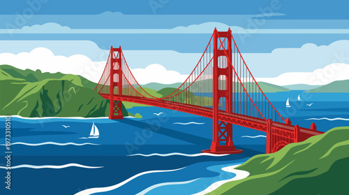 A picturesque illustration of the Golden Gate Bridge against a stunning sky and water backdrop, representing American engineering and iconic landmarks in beautiful landscapes.