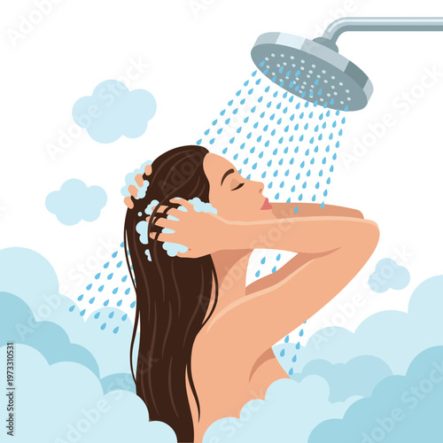 A serene woman enjoys a refreshing shower, surrounded by fluffy clouds and cascading water. This scene evokes a sense of relaxation and rejuvenation for the mind and body.