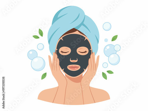 A serene woman with a facial mask enjoys a moment of relaxation, embodying self-care and wellness in a calming spa atmosphere with bubbles and green leaves.