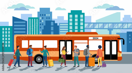 A vibrant city scene showcasing commuters with luggage eagerly boarding an orange city bus labeled 2024, representing urban travel and the hustle of modern life.