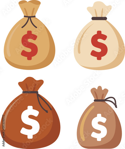 Money Bags Vector Set with Dollar Sign Cartoon Moneybags in Different Colors and Sizes for Finance Illustrations