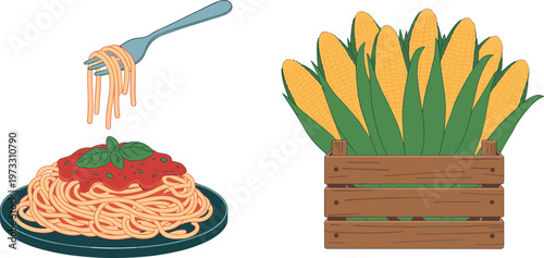 Delicious spaghetti pasta with tomato sauce and basil on plate with fork lifting noodles vector illustration for Italian food menu design
