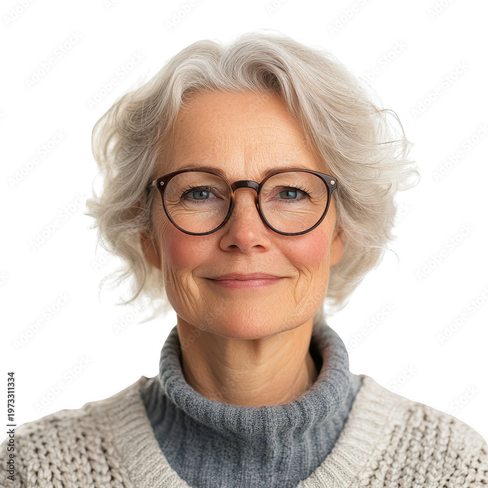 Fototapeta premium Elderly woman with short gray hair and glasses, smiling warmly and wearing a cozy sweater, studio portrait