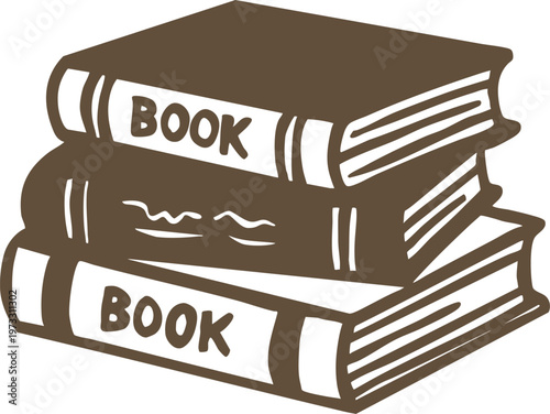 Stack of vintage brown line art books for reading and education isolated on white background