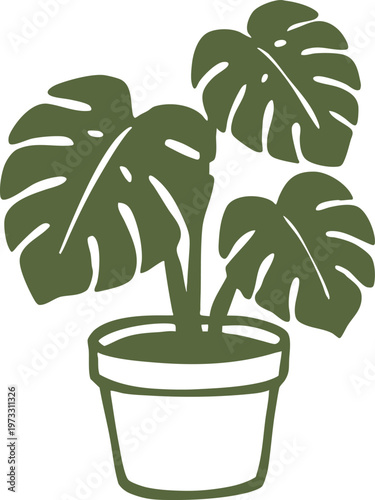 Modern khaki silhouette illustration of a monstera deliciosa plant in a pot isolated on white background