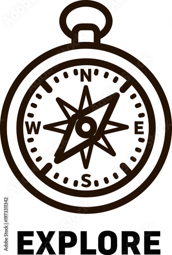Clean vector illustration of an antique-style compass, signifying the spirit of adventure, outdoor exploration, and reliable guidance for any path, with 'EXPLORE' text