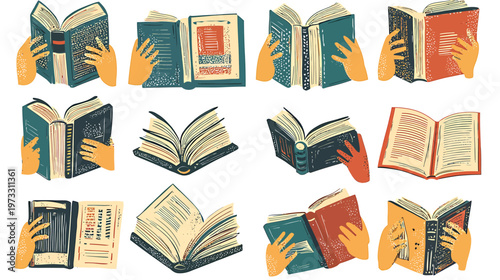 Collection of Hands Holding and Reading Open Books.