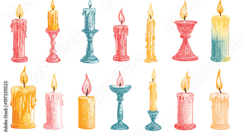 Collection of Vintage and Ornate Candles in Various Colors and Styles.