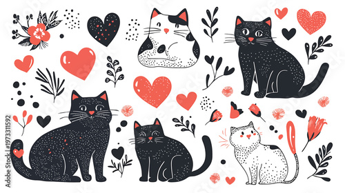 Cute Cats and Hearts Illustration Collection.