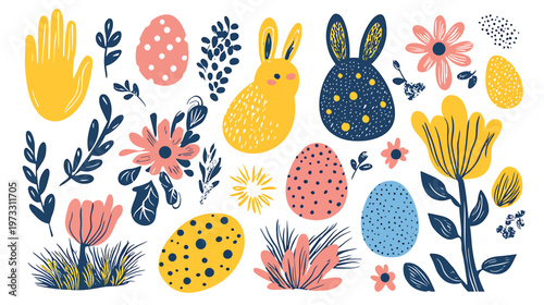 Easter Elements Collection Hand Drawn Style.
