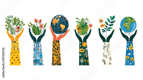 Hands holding planet Earth and plants symbolizing environmental care and growth.