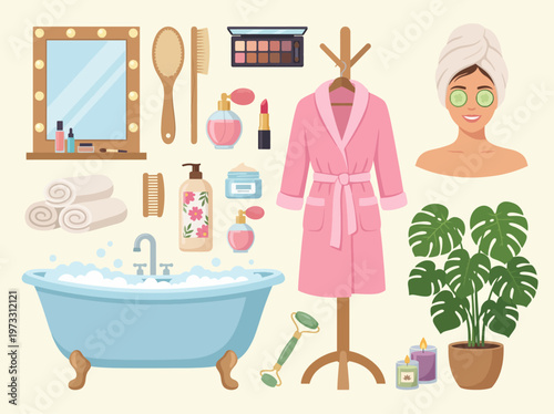 This image showcases a relaxing spa setup complete with beauty and skincare products, a plush robe, and a serene atmosphere for unwinding and self-care.