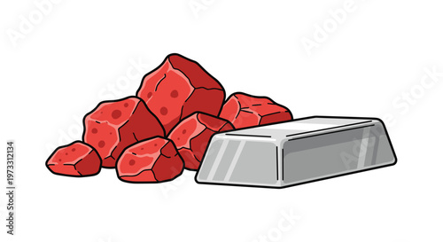 A cluster of vibrant red porous raw ore rocks is positioned next to a sleek rectangular silver metal ingot against a stark white background today.