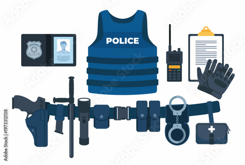 The image illustrates essential police gear, including a vest, badge, handcuffs, and communication tools, showcasing the professionalism and readiness of law enforcement officers.