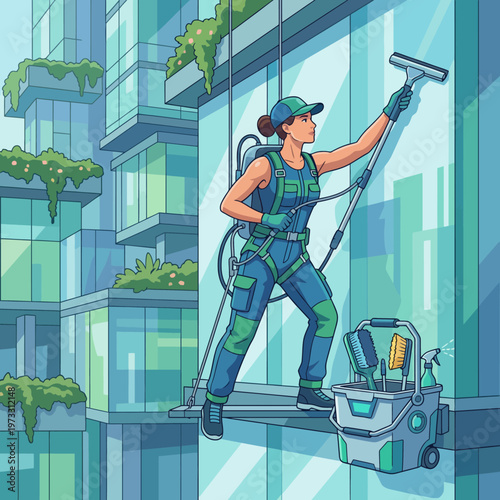 This striking image captures a window cleaner harnessed on a skyscraper, highlighting urban life and the dedication of those maintaining high-rise buildings.