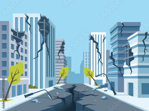 A dramatic view of a shattered city landscape reveals the aftermath of an earthquake, illustrating resilience and the human spirit amid chaos and destruction.