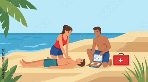 This beach scene shows lifeguards administering first aid, emphasizing the importance of safety, preparedness, and community support in outdoor recreational environments.