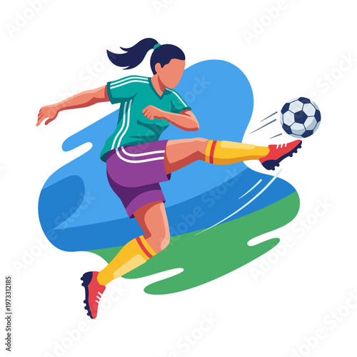 The image features a dynamic female soccer player in action, showcasing athleticism and skill as she prepares to kick a soccer ball on a vibrant green pitch.