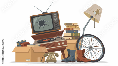 This composition displays a collection of vintage items, including a broken television, showcasing nostalgia, history, and the charm of retro decor in everyday life.