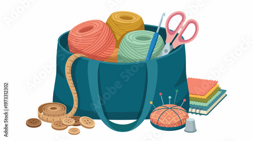 A bag filled with colorful yarns, scissors, and sewing supplies is arranged for a crafting project, highlighting creativity and the joy of DIY art and personal expression in crafts.