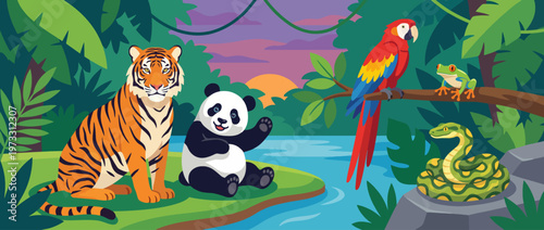 A vibrant illustration featuring a tiger, panda, parrot, frog, and snake in lush greenery by a river at sunset, depicting a peaceful coexistence of wildlife in nature.