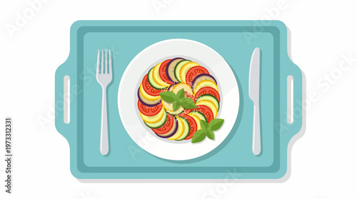 A vibrant presentation of a Ratatouille dish, artistically arranged on a plate, showcasing fresh vegetables. This artwork represents culinary delight and the beauty of cooking.